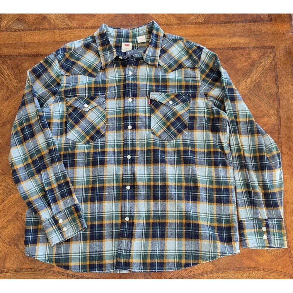 Levi's Men's Western Ranch Standard Fit Pearl Snap Flannel Plaid Shirt Green XL